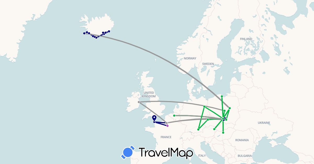 TravelMap itinerary: driving, bus, plane, train in Austria, Belgium, Czech Republic, Germany, France, Hungary, Ireland, Iceland, Poland (Europe)